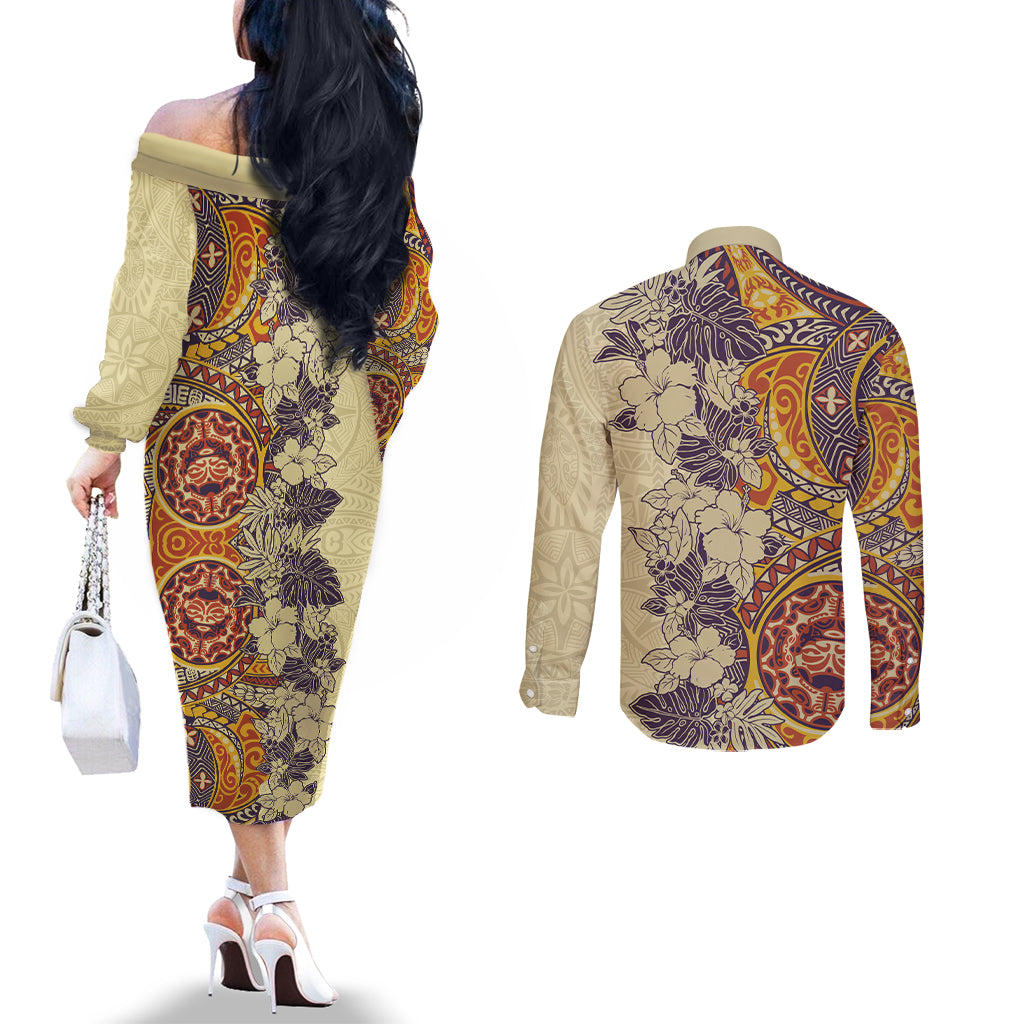 polynesia-couples-matching-off-the-shoulder-long-sleeve-dress-and-long-sleeve-button-shirt-hibiscus-and-hawaiian-tribal-tattoo-retro-style-tan-color