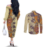 polynesia-couples-matching-off-the-shoulder-long-sleeve-dress-and-long-sleeve-button-shirt-hibiscus-and-hawaiian-tribal-tattoo-retro-style-tan-color