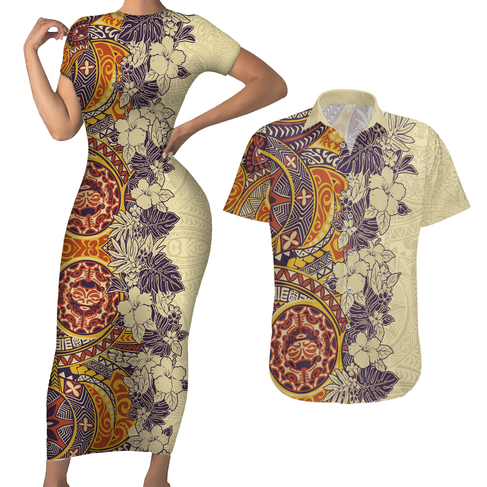 Polynesia Couples Matching Short Sleeve Bodycon Dress and Hawaiian Shirt Hibiscus and Hawaiian Tribal Tattoo Retro Style Tan Color LT9 - Wonder Print Shop