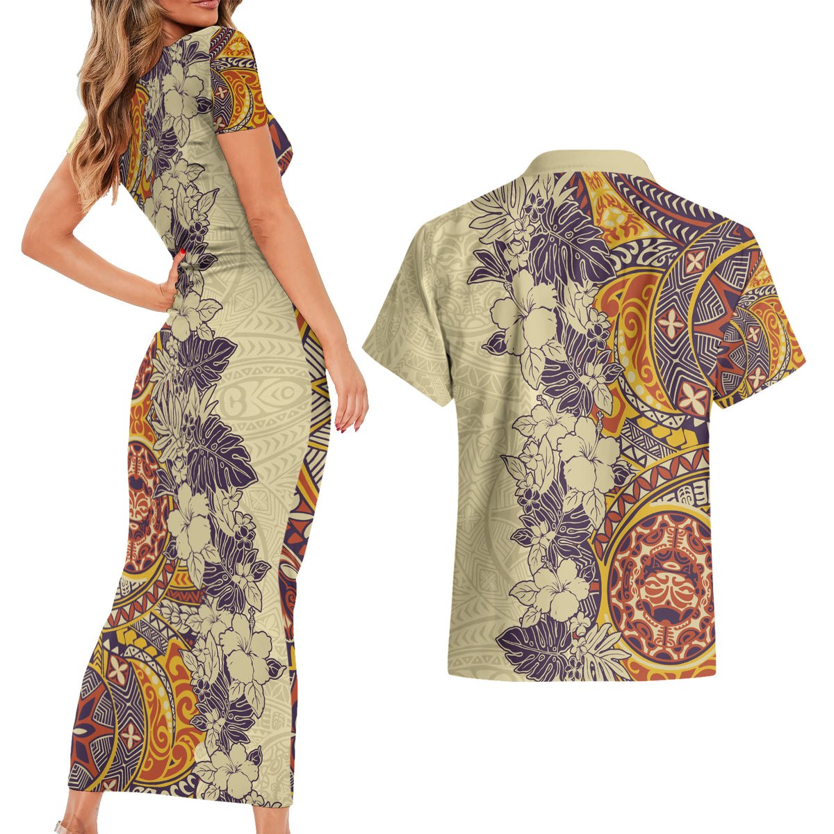 Polynesia Couples Matching Short Sleeve Bodycon Dress and Hawaiian Shirt Hibiscus and Hawaiian Tribal Tattoo Retro Style Tan Color LT9 - Wonder Print Shop