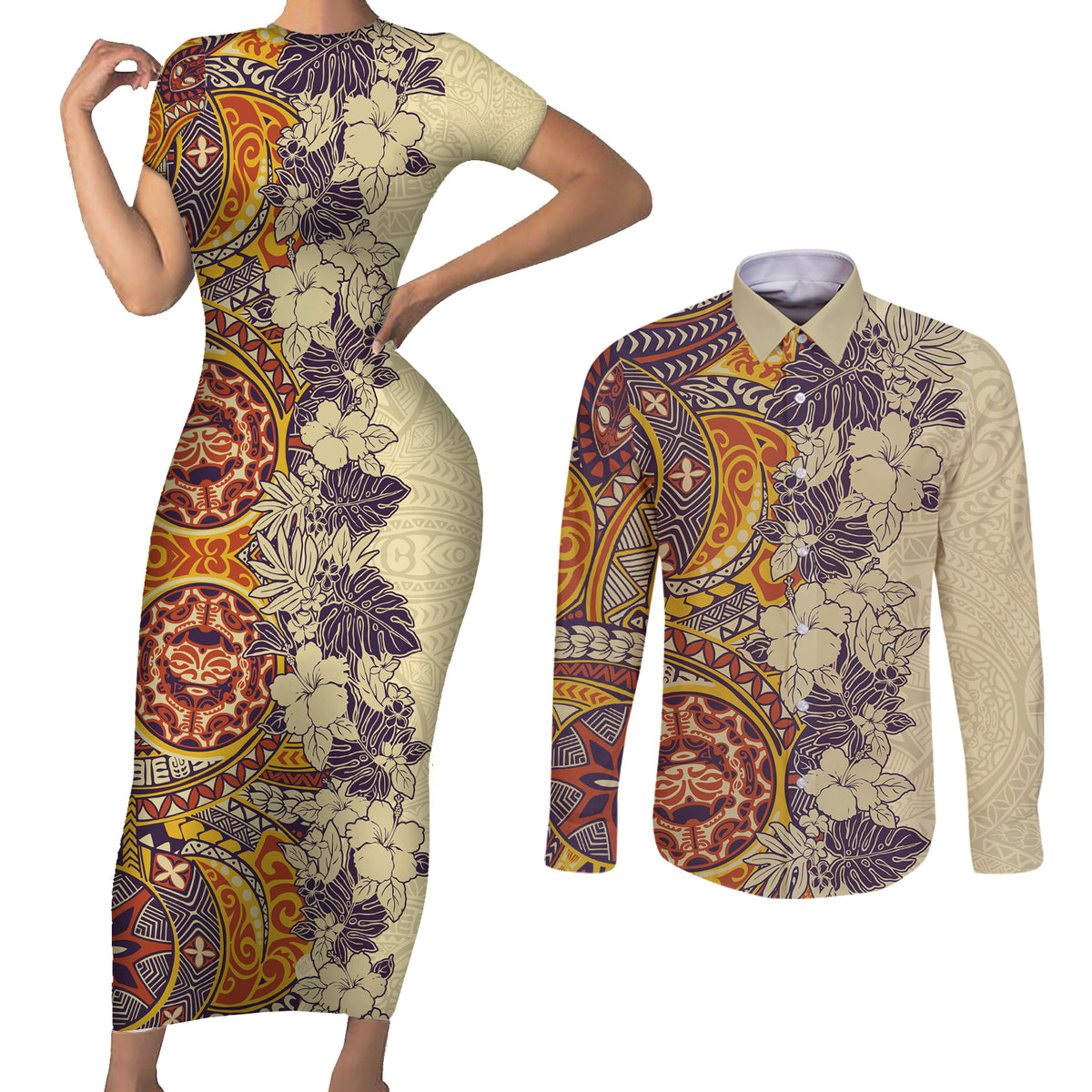 Polynesia Couples Matching Short Sleeve Bodycon Dress and Long Sleeve Button Shirt Hibiscus and Hawaiian Tribal Tattoo Retro Style Tan Color LT9 - Wonder Print Shop