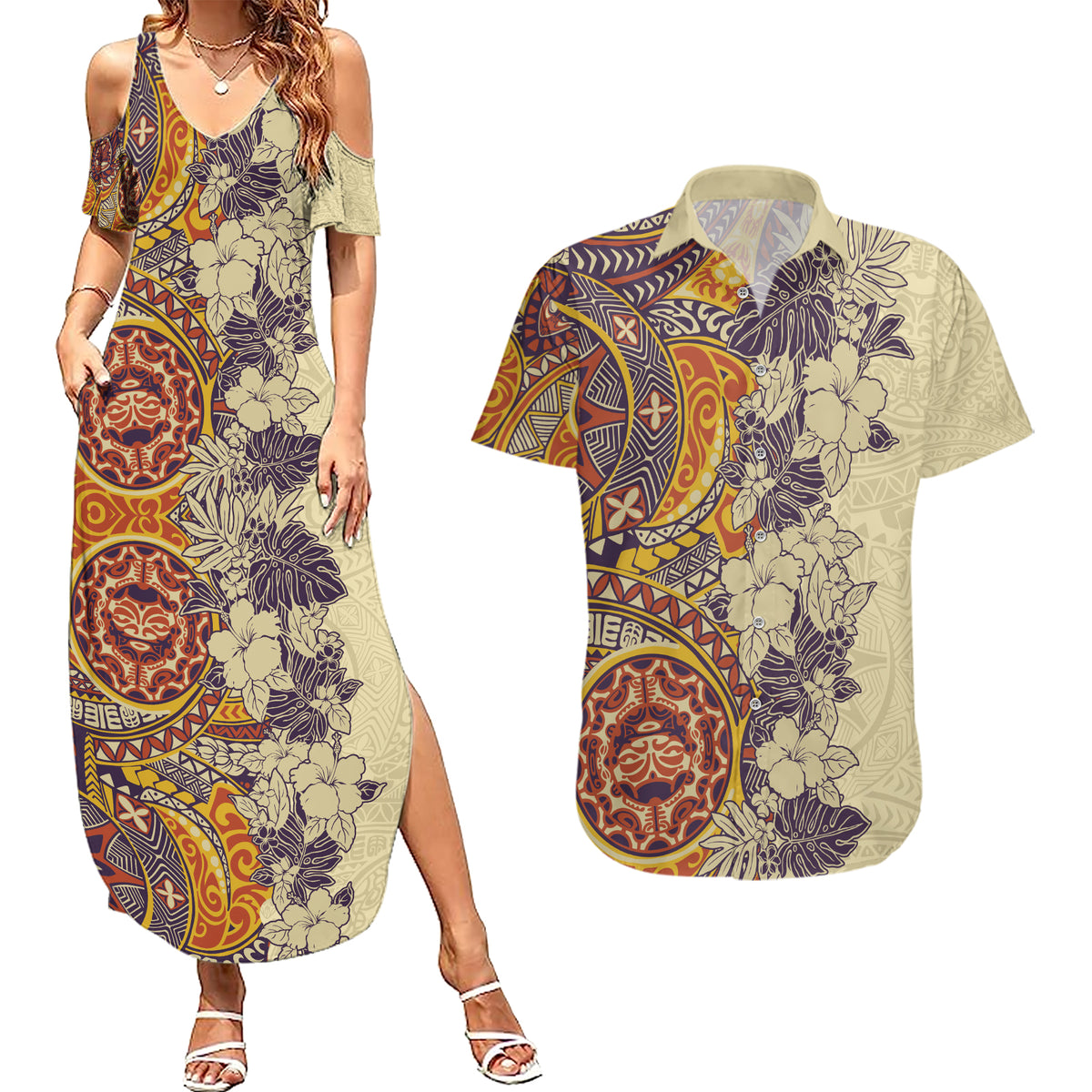 Polynesia Couples Matching Summer Maxi Dress and Hawaiian Shirt Hibiscus and Hawaiian Tribal Tattoo Retro Style Tan Color LT9 - Wonder Print Shop
