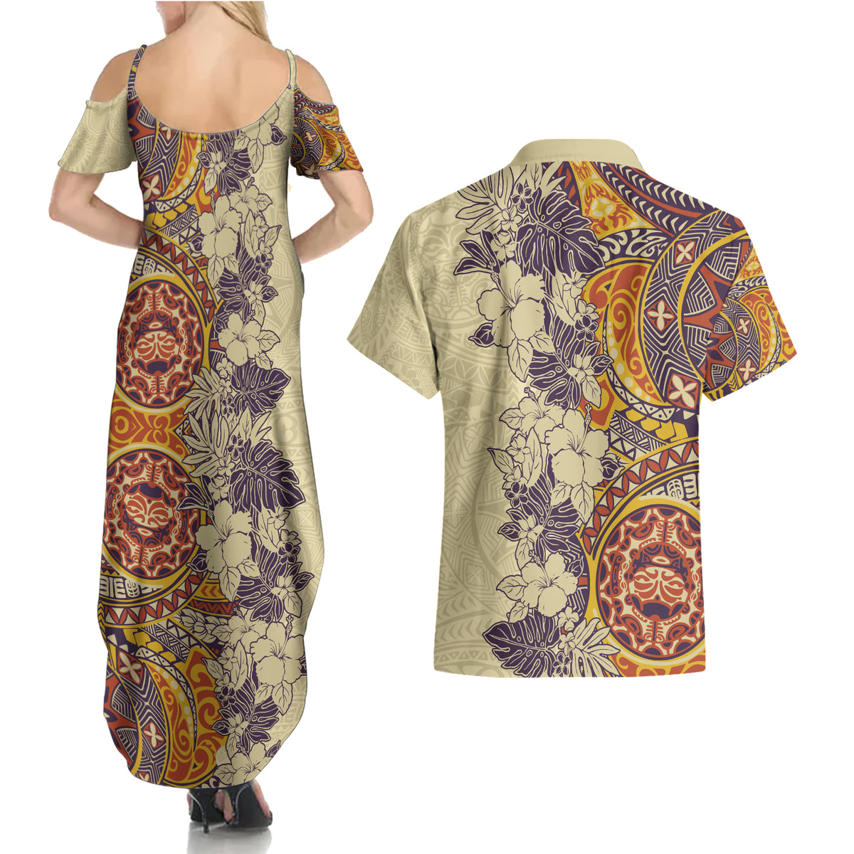 Polynesia Couples Matching Summer Maxi Dress and Hawaiian Shirt Hibiscus and Hawaiian Tribal Tattoo Retro Style Tan Color LT9 - Wonder Print Shop