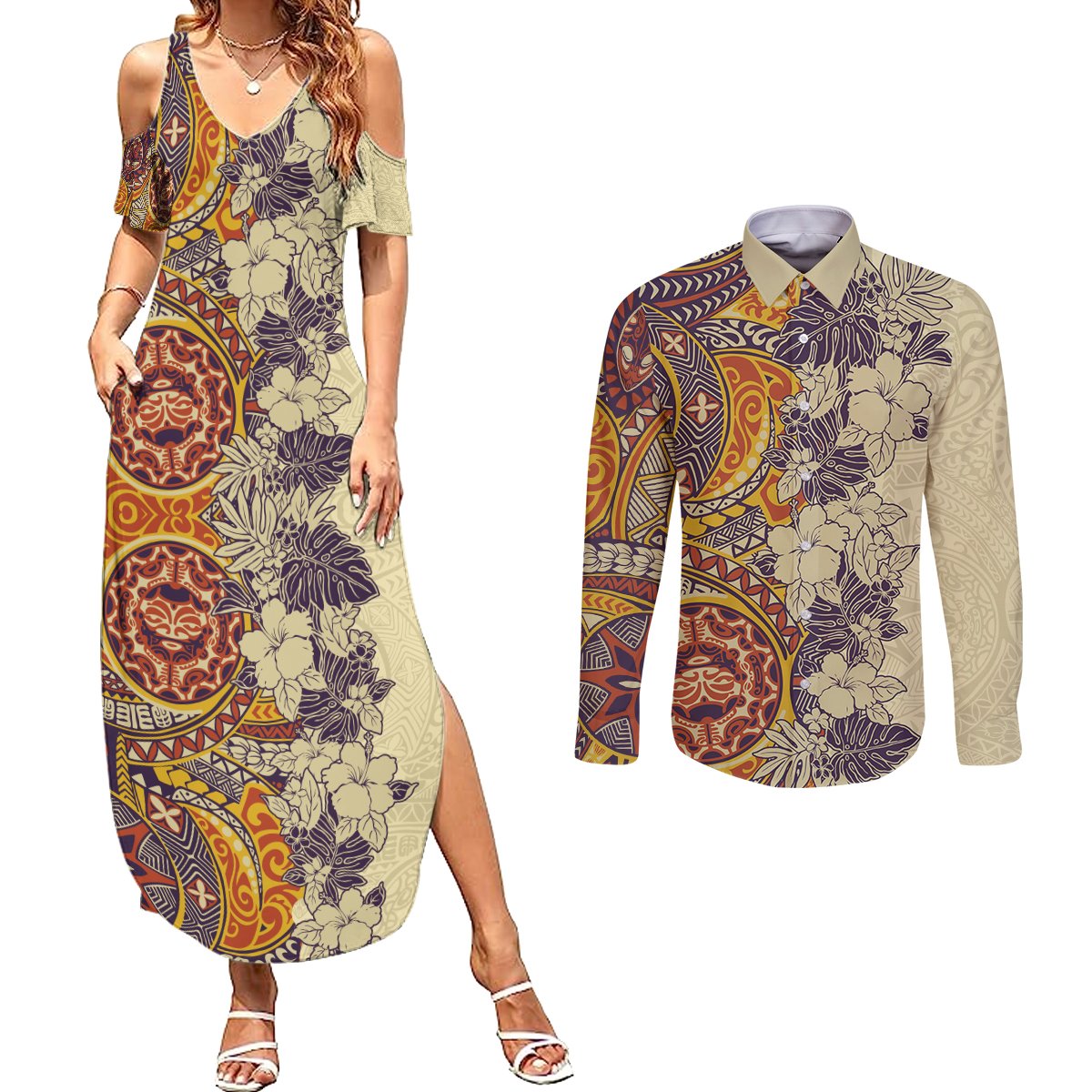 Polynesia Couples Matching Summer Maxi Dress and Long Sleeve Button Shirt Hibiscus and Hawaiian Tribal Tattoo Retro Style Tan Color LT9 - Wonder Print Shop