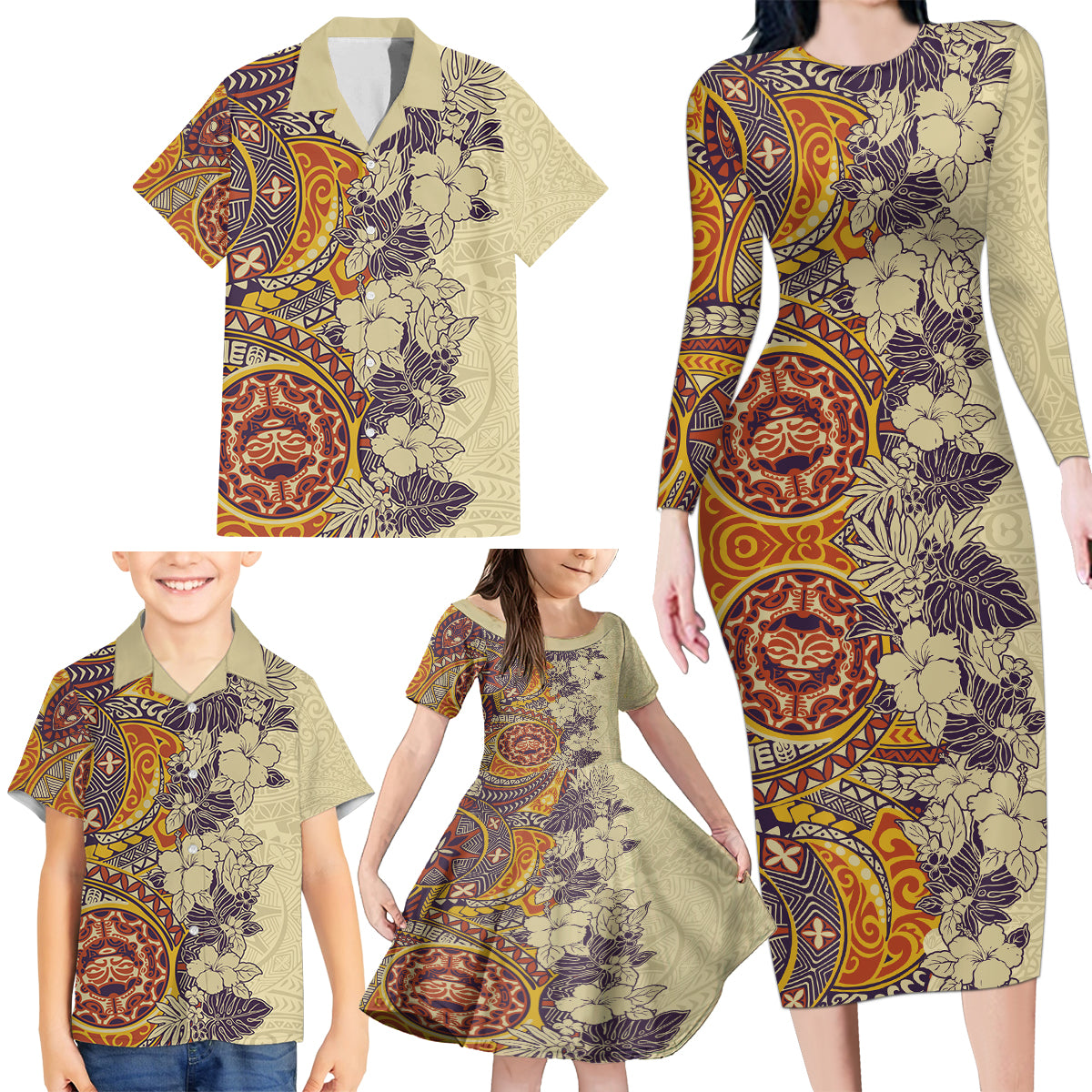 Polynesia Family Matching Long Sleeve Bodycon Dress and Hawaiian Shirt Hibiscus and Hawaiian Tribal Tattoo Retro Style Tan Color LT9 - Wonder Print Shop