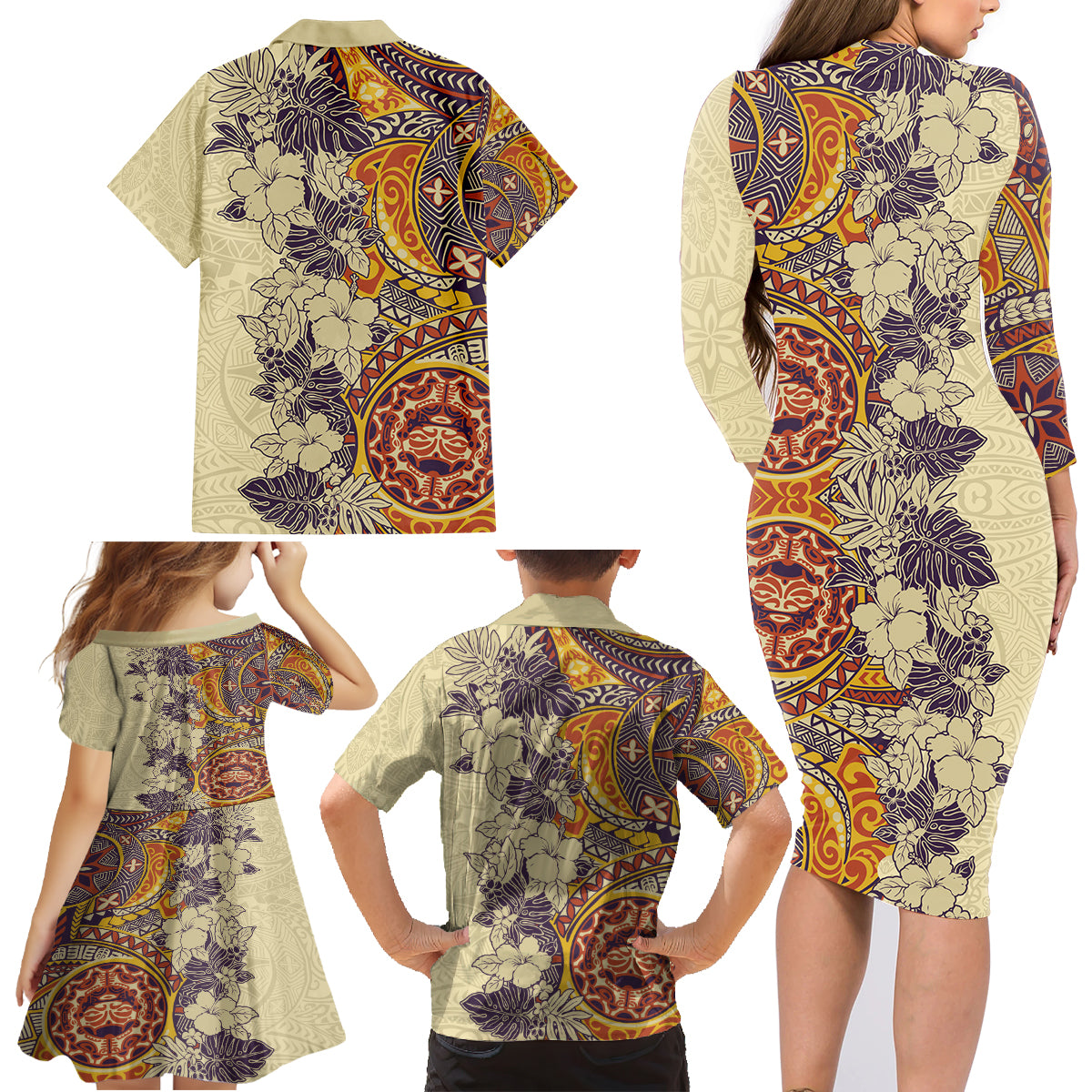 Polynesia Family Matching Long Sleeve Bodycon Dress and Hawaiian Shirt Hibiscus and Hawaiian Tribal Tattoo Retro Style Tan Color LT9 - Wonder Print Shop