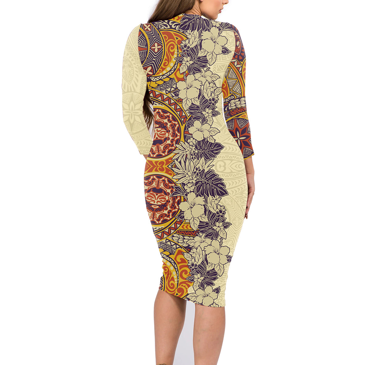 Polynesia Family Matching Long Sleeve Bodycon Dress and Hawaiian Shirt Hibiscus and Hawaiian Tribal Tattoo Retro Style Tan Color LT9 - Wonder Print Shop