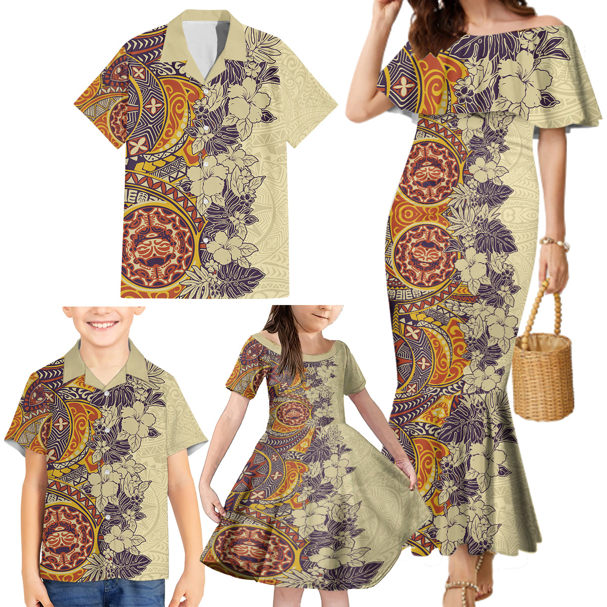 Polynesia Family Matching Mermaid Dress and Hawaiian Shirt Hibiscus and Hawaiian Tribal Tattoo Retro Style Tan Color LT9 - Wonder Print Shop