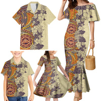 Polynesia Family Matching Mermaid Dress and Hawaiian Shirt Hibiscus and Hawaiian Tribal Tattoo Retro Style Tan Color LT9 - Wonder Print Shop