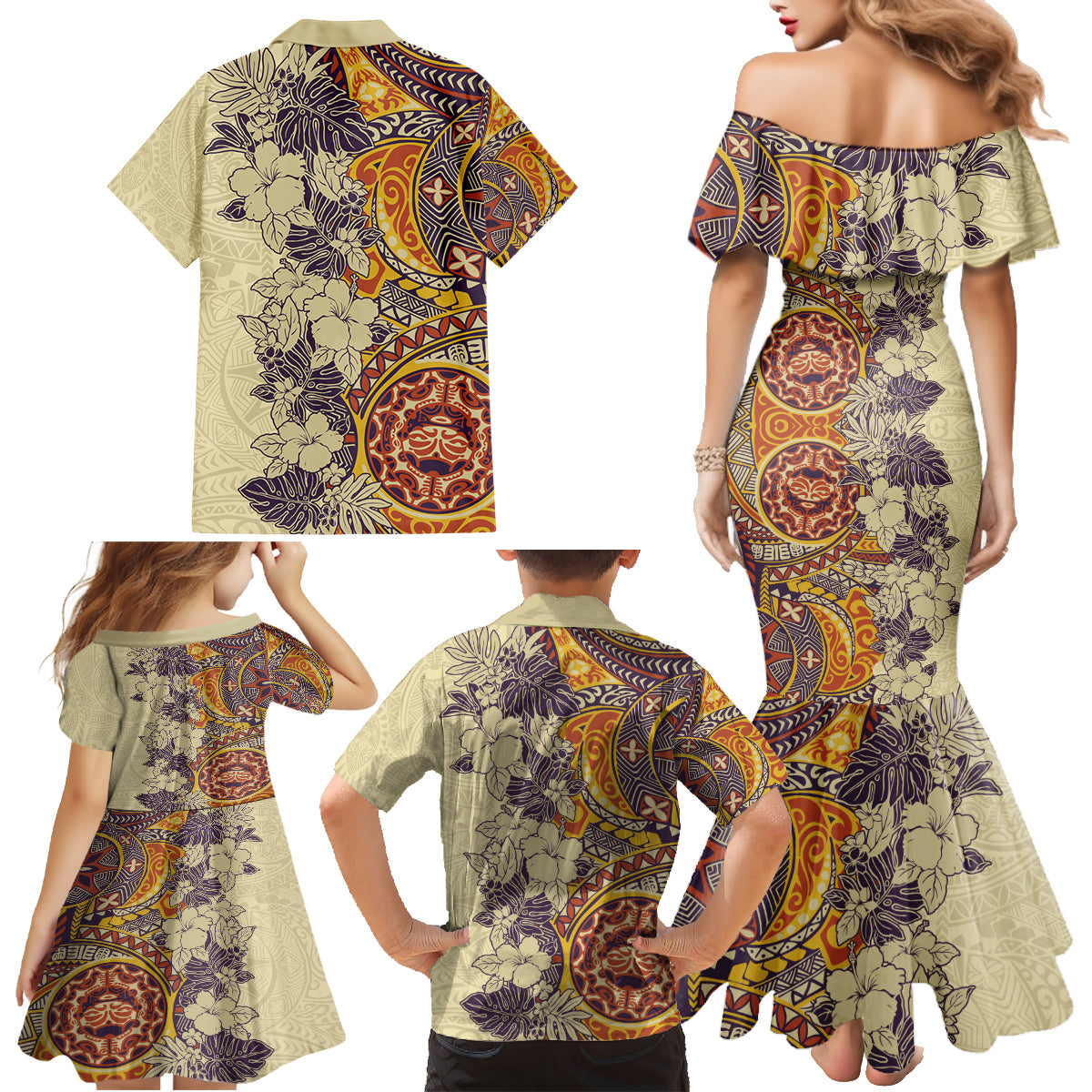 Polynesia Family Matching Mermaid Dress and Hawaiian Shirt Hibiscus and Hawaiian Tribal Tattoo Retro Style Tan Color LT9 - Wonder Print Shop