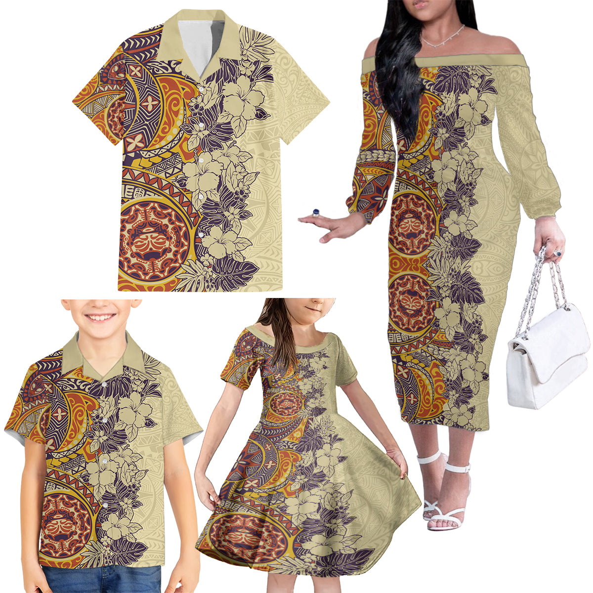 Polynesia Family Matching Off Shoulder Long Sleeve Dress and Hawaiian Shirt Hibiscus and Hawaiian Tribal Tattoo Retro Style Tan Color - Wonder Print Shop