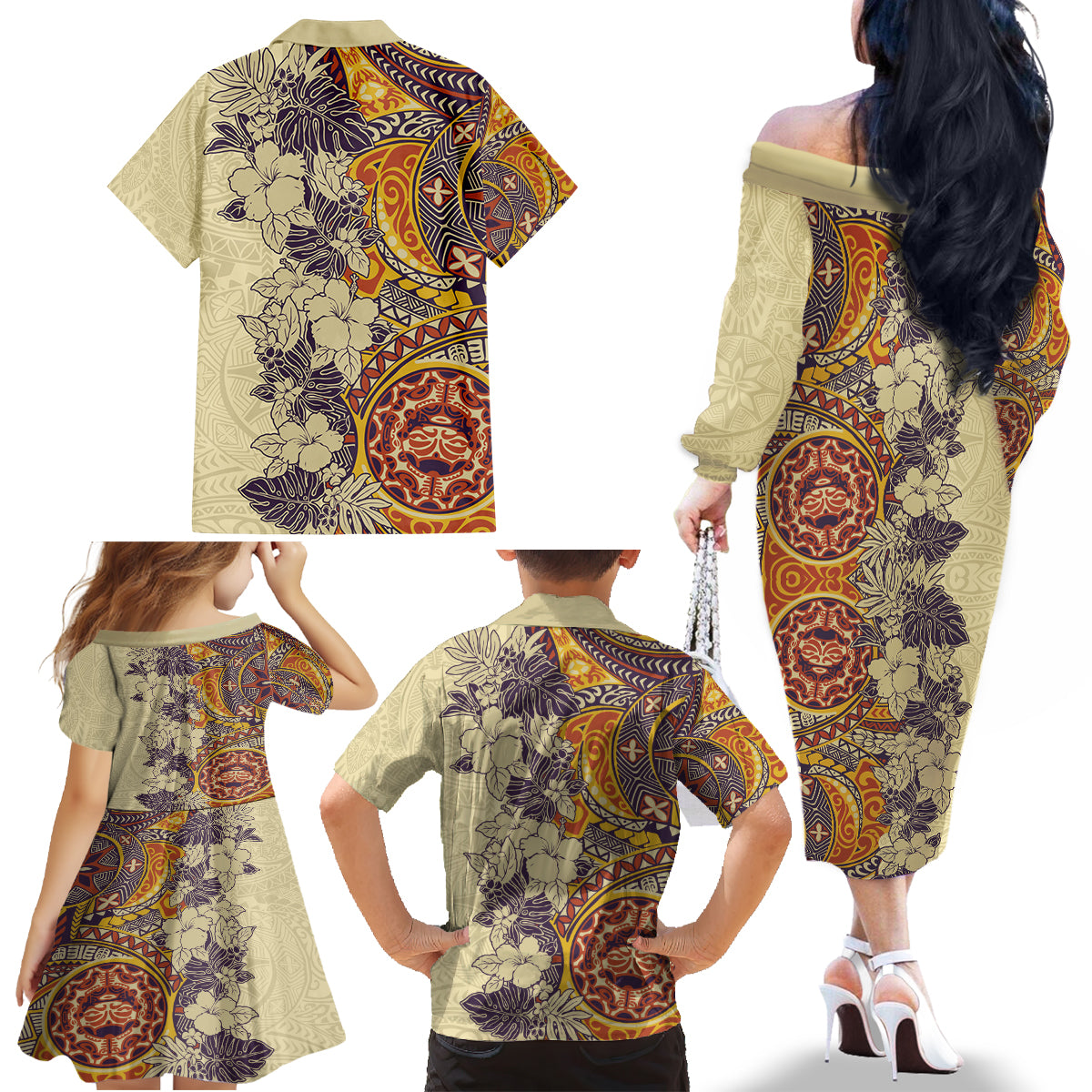 Polynesia Family Matching Off Shoulder Long Sleeve Dress and Hawaiian Shirt Hibiscus and Hawaiian Tribal Tattoo Retro Style Tan Color - Wonder Print Shop