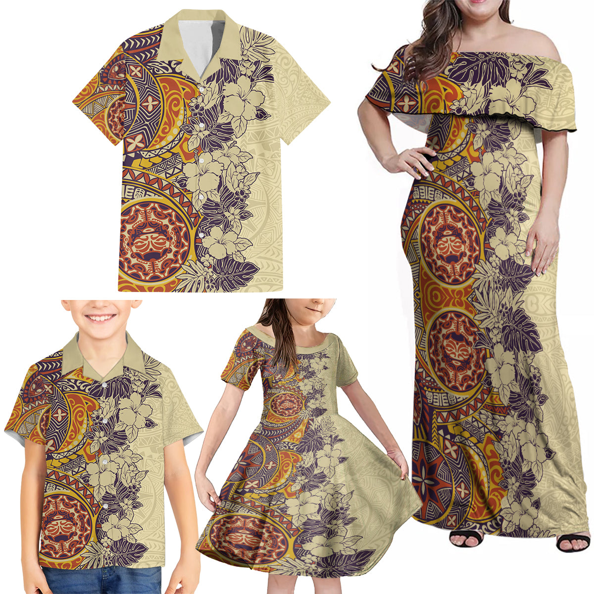Polynesia Family Matching Off Shoulder Maxi Dress and Hawaiian Shirt Hibiscus and Hawaiian Tribal Tattoo Retro Style Tan Color LT9 - Wonder Print Shop