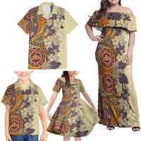Polynesia Family Matching Off Shoulder Maxi Dress and Hawaiian Shirt Hibiscus and Hawaiian Tribal Tattoo Retro Style Tan Color LT9 - Wonder Print Shop