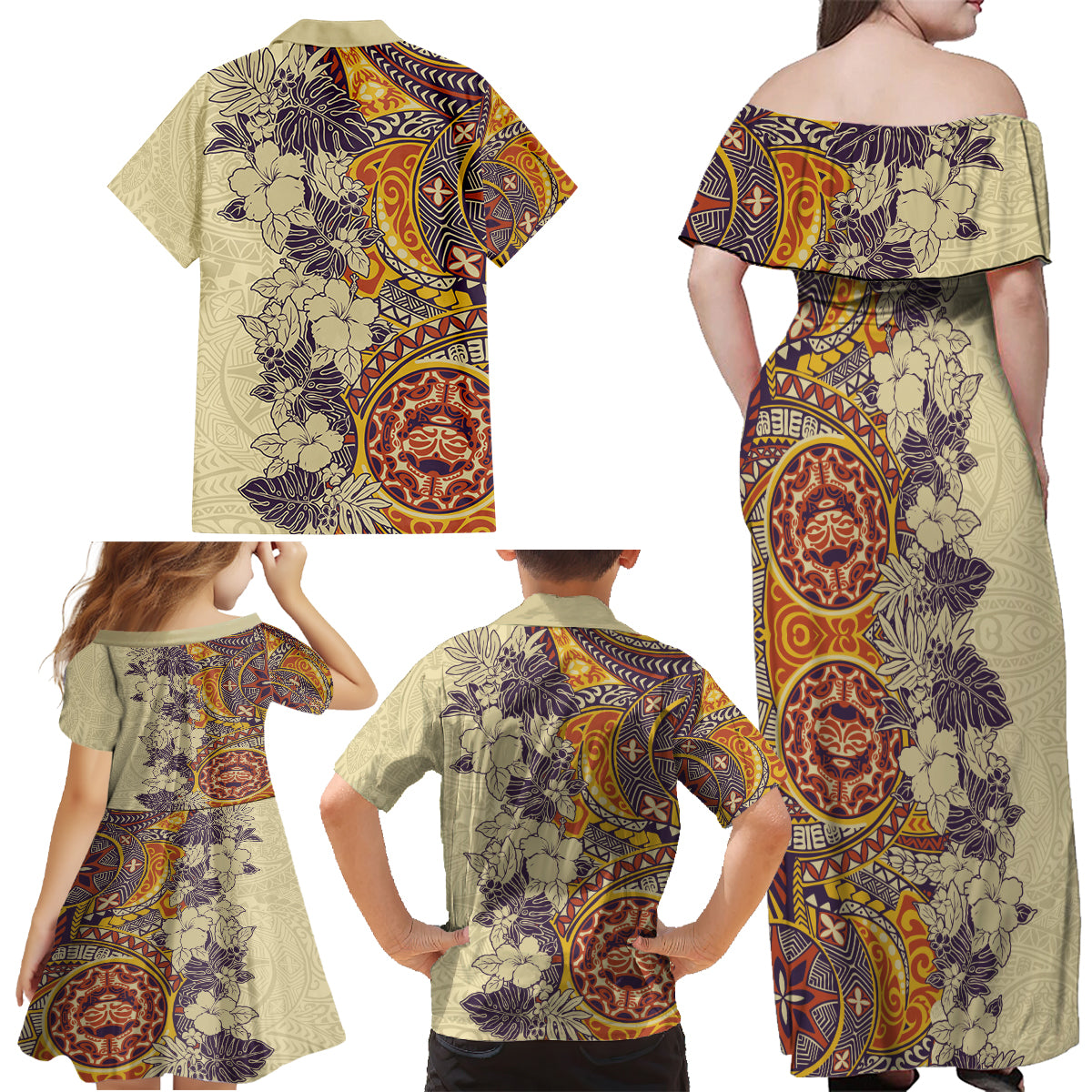 Polynesia Family Matching Off Shoulder Maxi Dress and Hawaiian Shirt Hibiscus and Hawaiian Tribal Tattoo Retro Style Tan Color LT9 - Wonder Print Shop