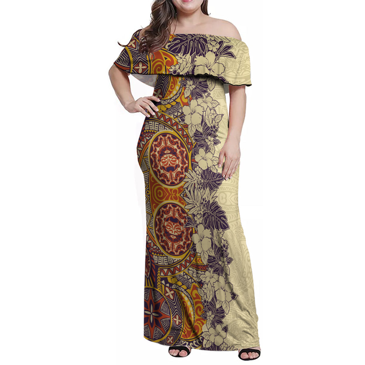 Polynesia Family Matching Off Shoulder Maxi Dress and Hawaiian Shirt Hibiscus and Hawaiian Tribal Tattoo Retro Style Tan Color LT9 - Wonder Print Shop