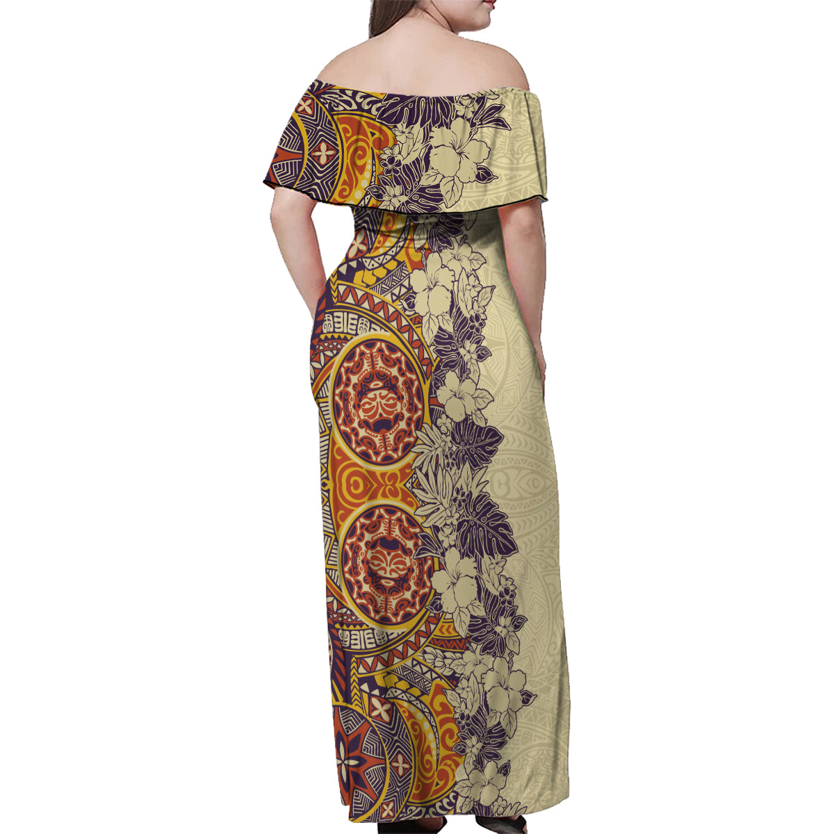 Polynesia Family Matching Off Shoulder Maxi Dress and Hawaiian Shirt Hibiscus and Hawaiian Tribal Tattoo Retro Style Tan Color LT9 - Wonder Print Shop