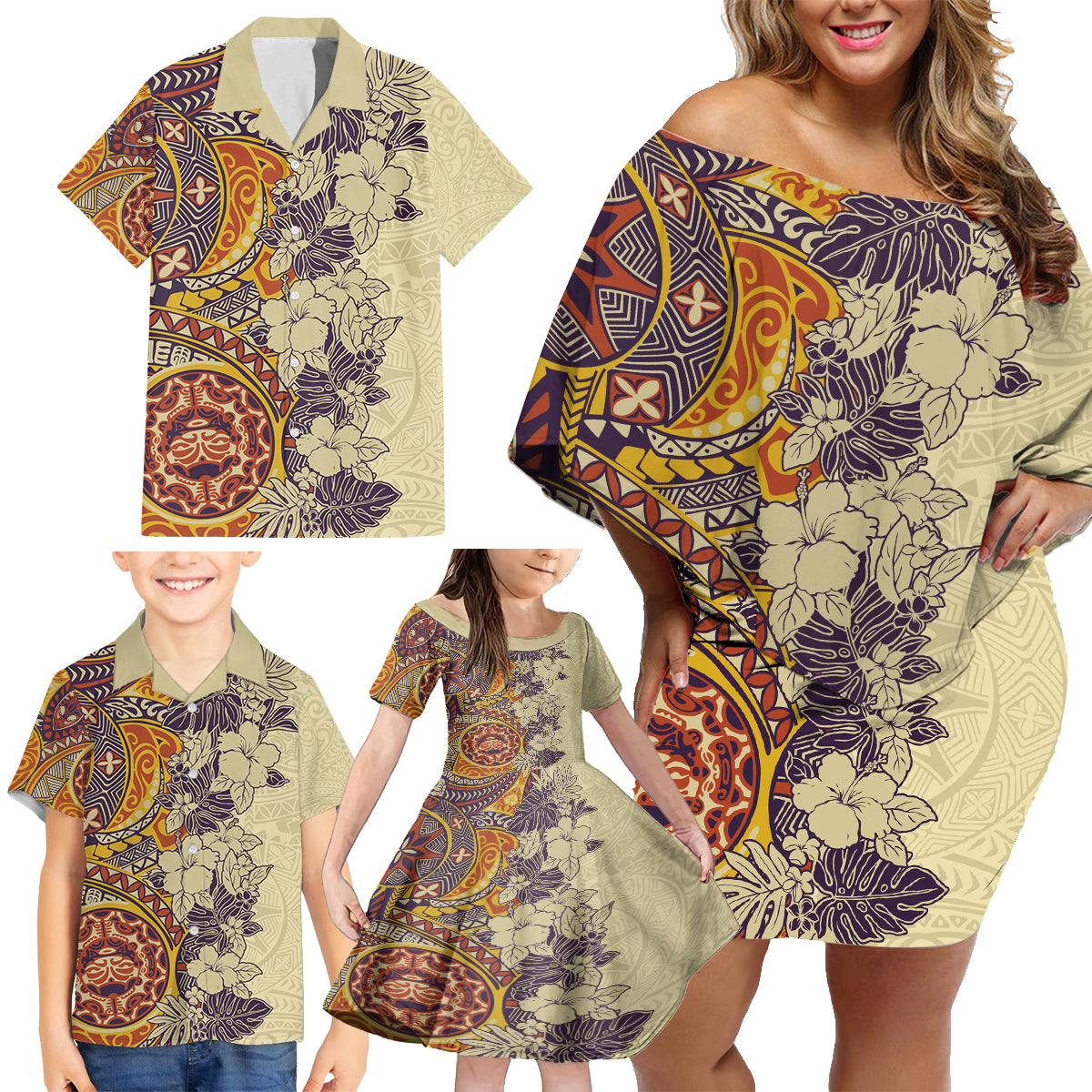 Polynesia Family Matching Off Shoulder Short Dress and Hawaiian Shirt Hibiscus and Hawaiian Tribal Tattoo Retro Style Tan Color LT9 - Wonder Print Shop
