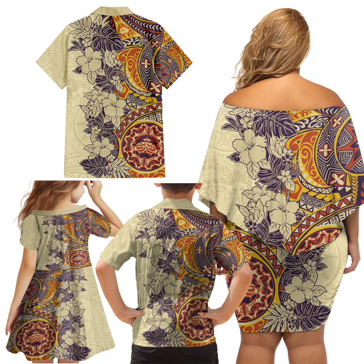 Polynesia Family Matching Off Shoulder Short Dress and Hawaiian Shirt Hibiscus and Hawaiian Tribal Tattoo Retro Style Tan Color LT9 - Wonder Print Shop