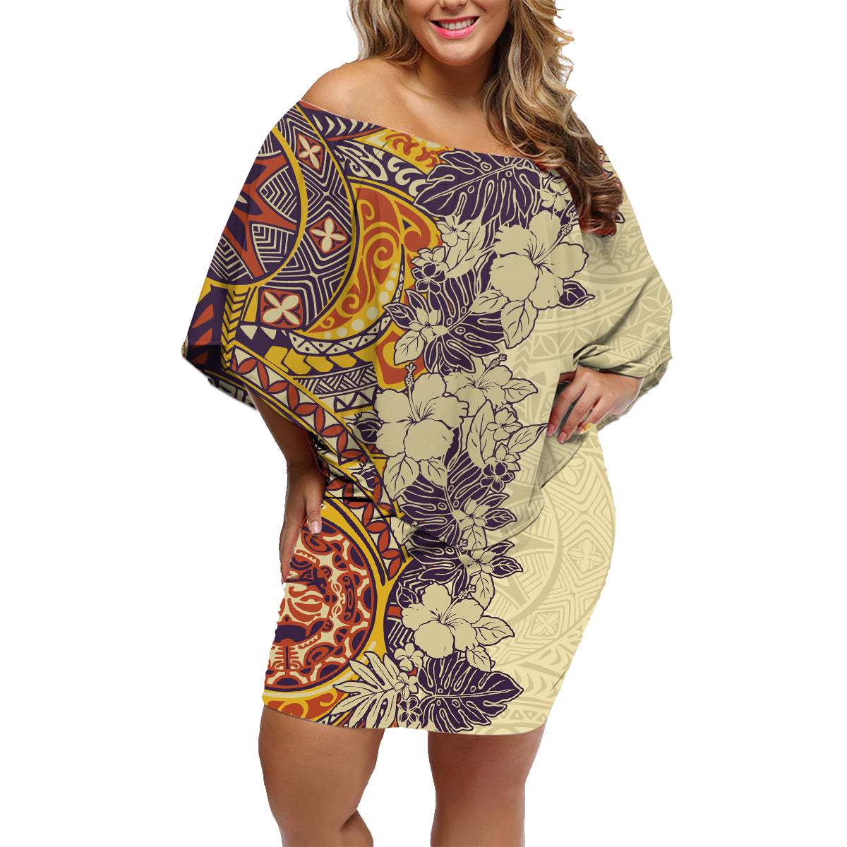 Polynesia Family Matching Off Shoulder Short Dress and Hawaiian Shirt Hibiscus and Hawaiian Tribal Tattoo Retro Style Tan Color LT9 - Wonder Print Shop