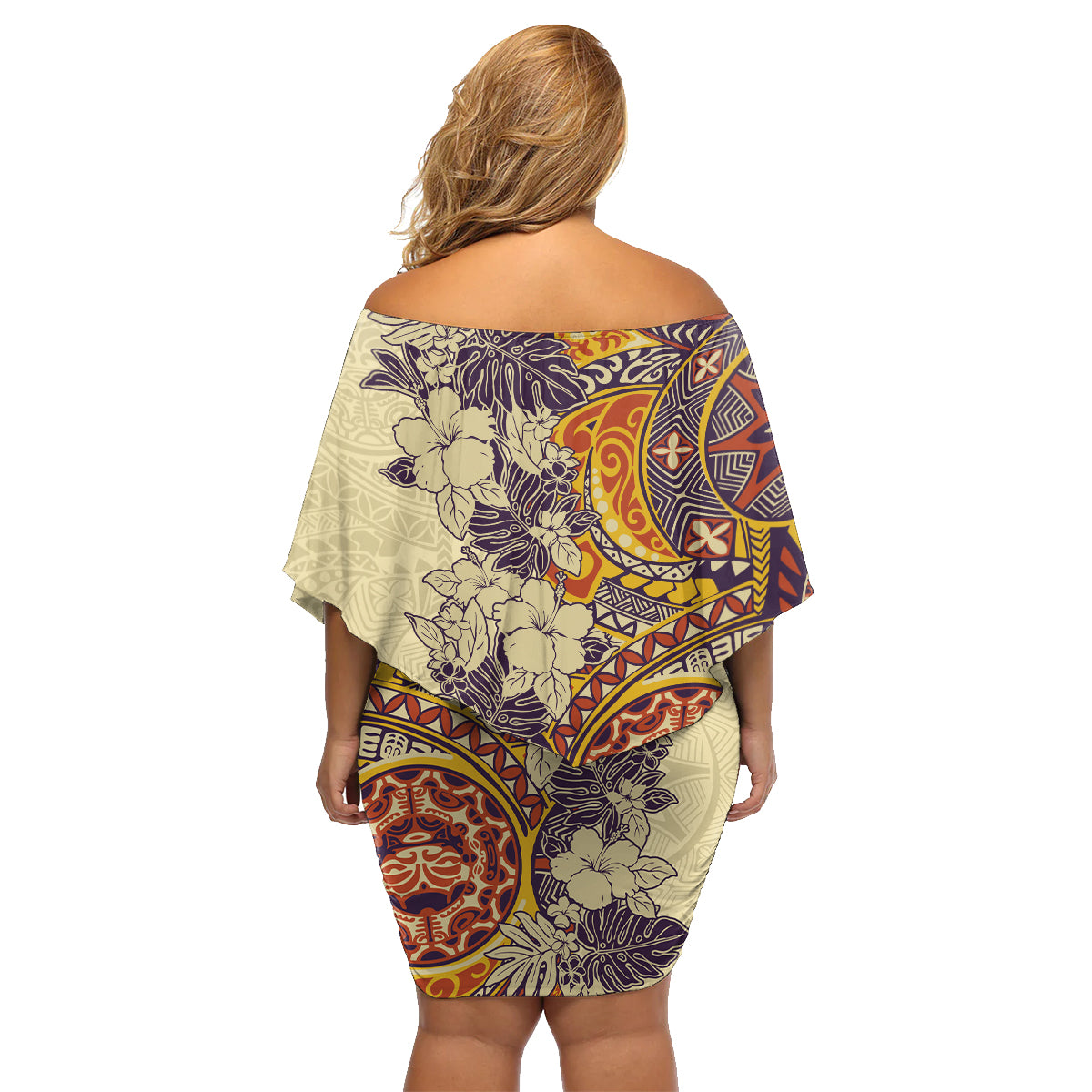 Polynesia Family Matching Off Shoulder Short Dress and Hawaiian Shirt Hibiscus and Hawaiian Tribal Tattoo Retro Style Tan Color LT9 - Wonder Print Shop