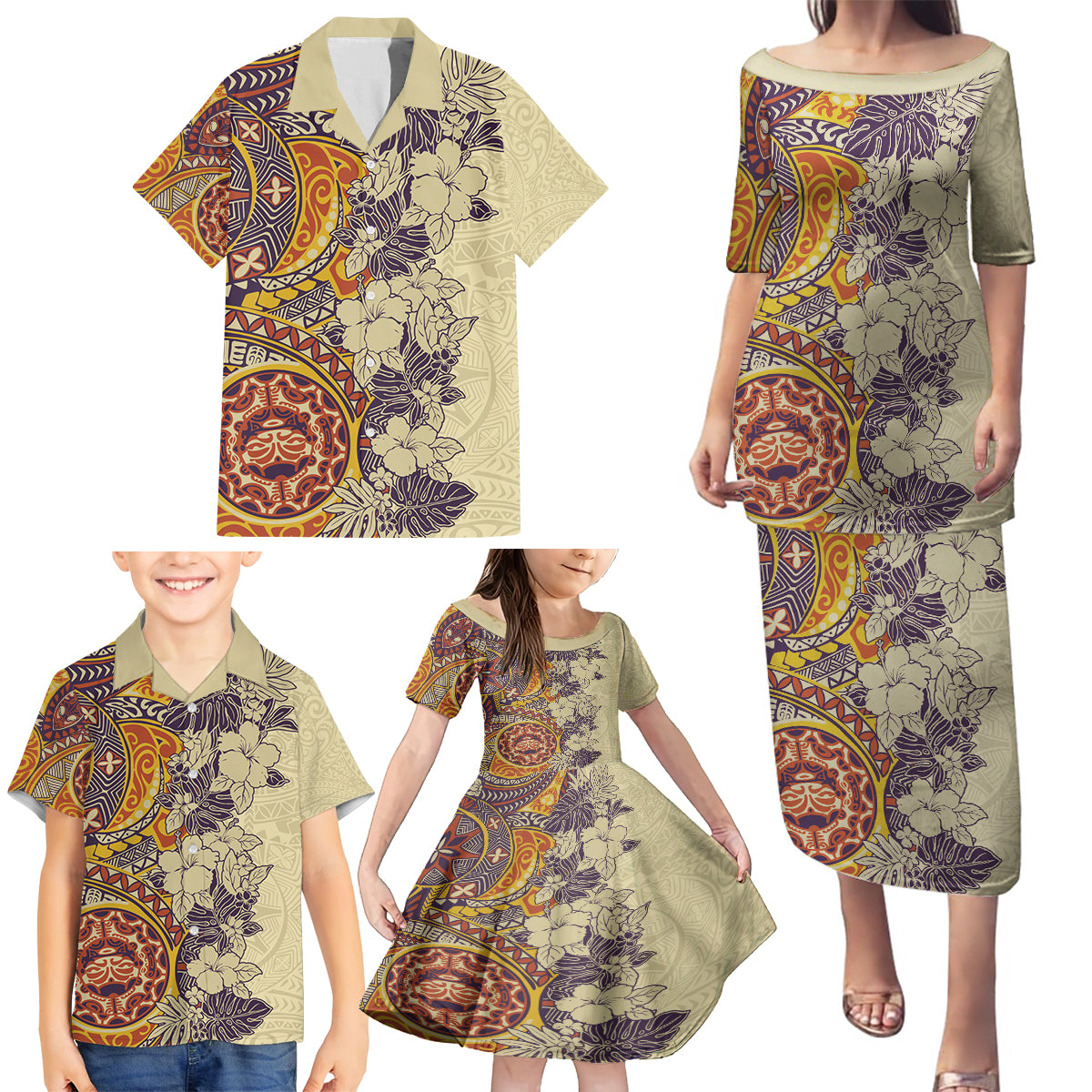 Polynesia Family Matching Puletasi Dress and Hawaiian Shirt Hibiscus and Hawaiian Tribal Tattoo Retro Style Tan Color - Wonder Print Shop