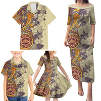 Polynesia Family Matching Puletasi Dress and Hawaiian Shirt Hibiscus and Hawaiian Tribal Tattoo Retro Style Tan Color - Wonder Print Shop