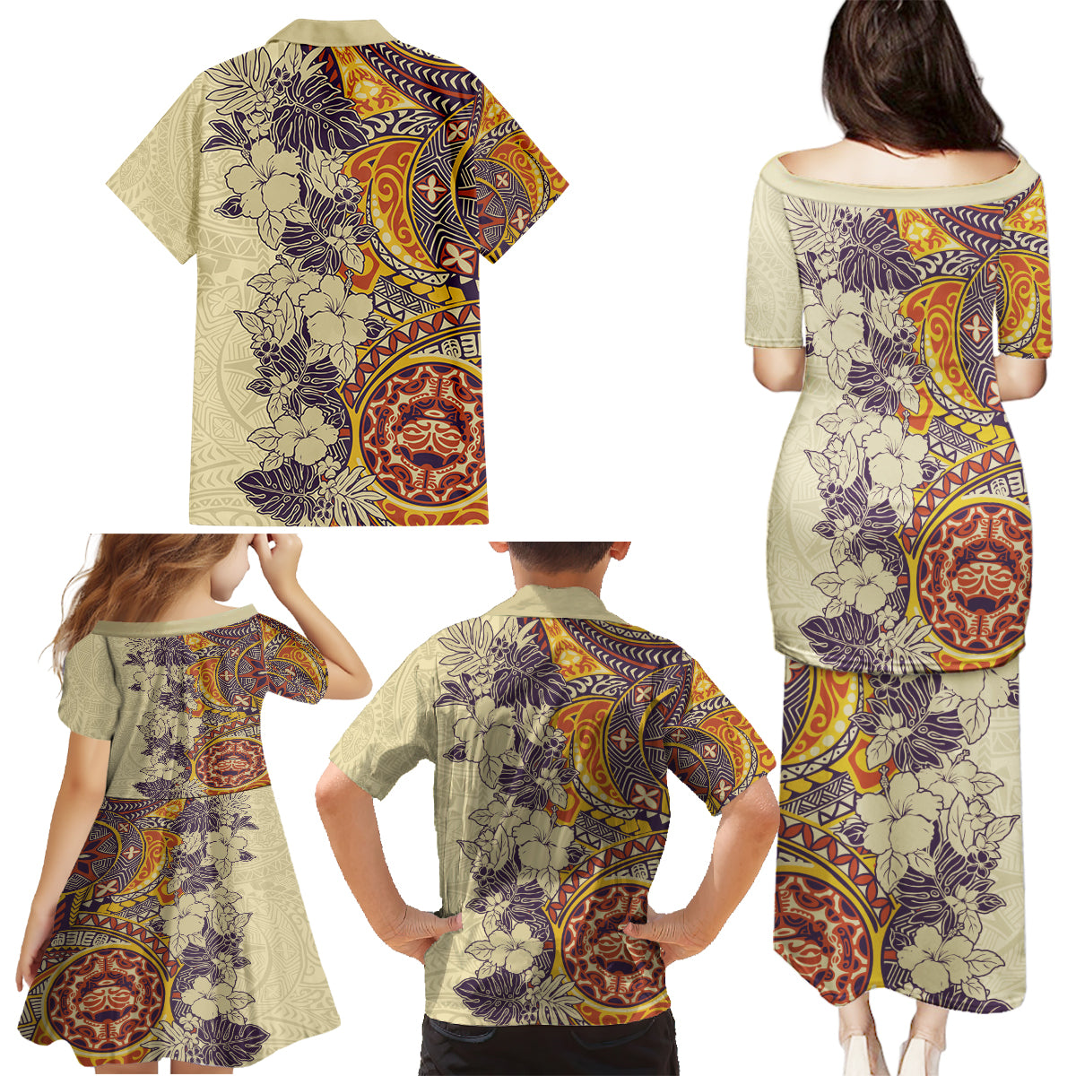 Polynesia Family Matching Puletasi Dress and Hawaiian Shirt Hibiscus and Hawaiian Tribal Tattoo Retro Style Tan Color - Wonder Print Shop