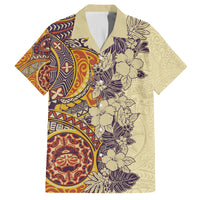 Polynesia Family Matching Puletasi Dress and Hawaiian Shirt Hibiscus and Hawaiian Tribal Tattoo Retro Style Tan Color - Wonder Print Shop