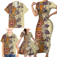 Polynesia Family Matching Short Sleeve Bodycon Dress and Hawaiian Shirt Hibiscus and Hawaiian Tribal Tattoo Retro Style Tan Color - Wonder Print Shop