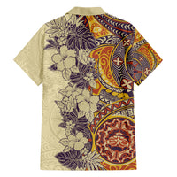 Polynesia Family Matching Short Sleeve Bodycon Dress and Hawaiian Shirt Hibiscus and Hawaiian Tribal Tattoo Retro Style Tan Color - Wonder Print Shop