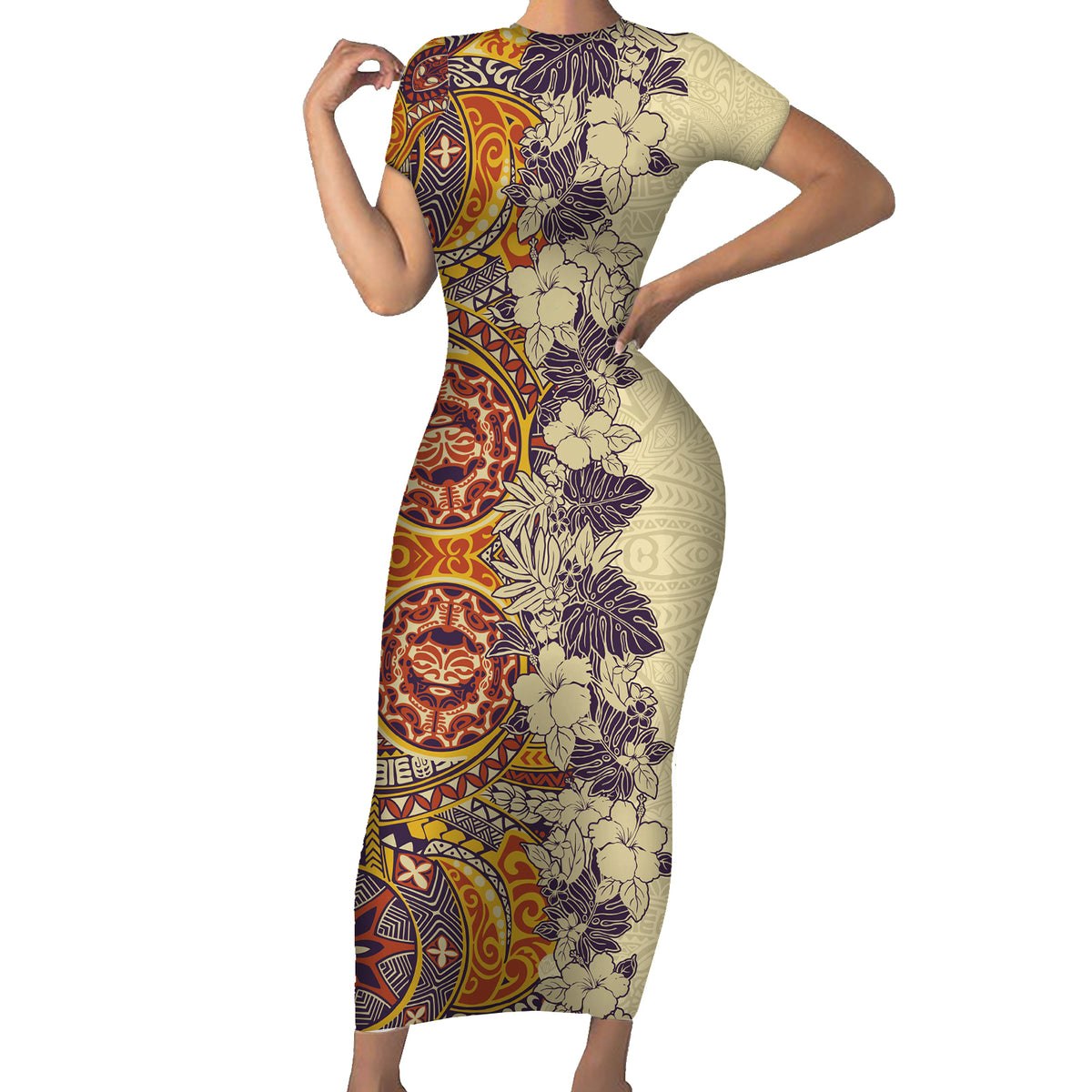 Polynesia Family Matching Short Sleeve Bodycon Dress and Hawaiian Shirt Hibiscus and Hawaiian Tribal Tattoo Retro Style Tan Color - Wonder Print Shop