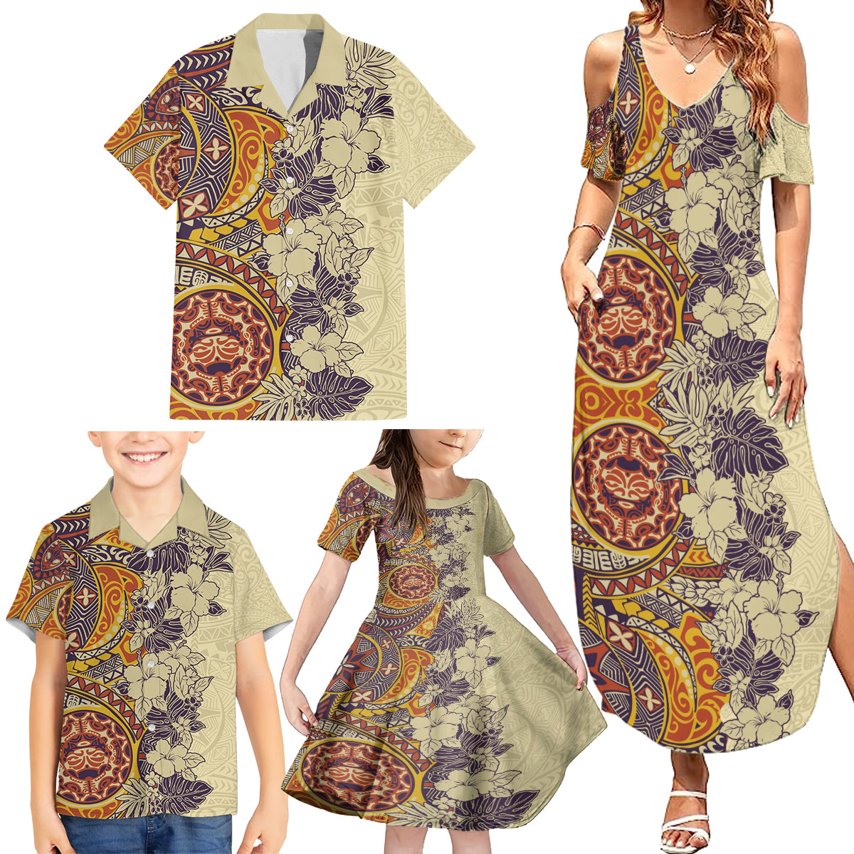 Polynesia Family Matching Summer Maxi Dress and Hawaiian Shirt Hibiscus and Hawaiian Tribal Tattoo Retro Style Tan Color - Wonder Print Shop