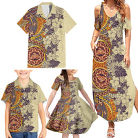 Polynesia Family Matching Summer Maxi Dress and Hawaiian Shirt Hibiscus and Hawaiian Tribal Tattoo Retro Style Tan Color - Wonder Print Shop