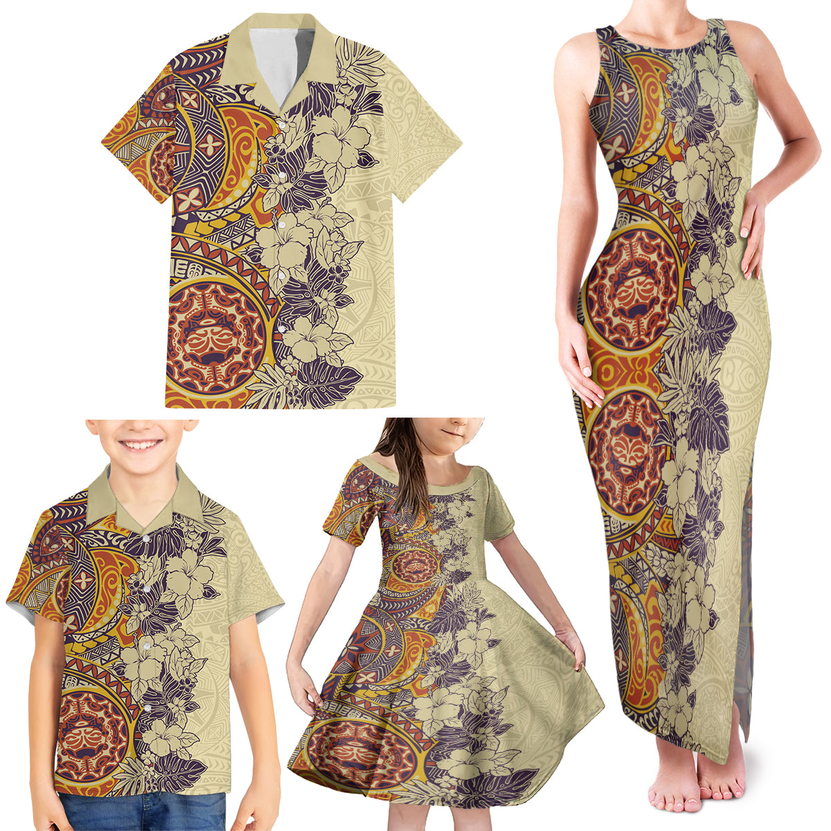 Polynesia Family Matching Tank Maxi Dress and Hawaiian Shirt Hibiscus and Hawaiian Tribal Tattoo Retro Style Tan Color - Wonder Print Shop