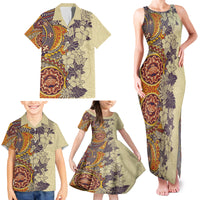 Polynesia Family Matching Tank Maxi Dress and Hawaiian Shirt Hibiscus and Hawaiian Tribal Tattoo Retro Style Tan Color - Wonder Print Shop