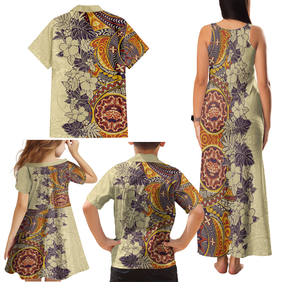Polynesia Family Matching Tank Maxi Dress and Hawaiian Shirt Hibiscus and Hawaiian Tribal Tattoo Retro Style Tan Color - Wonder Print Shop