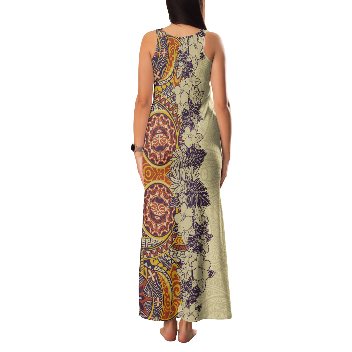 Polynesia Family Matching Tank Maxi Dress and Hawaiian Shirt Hibiscus and Hawaiian Tribal Tattoo Retro Style Tan Color - Wonder Print Shop