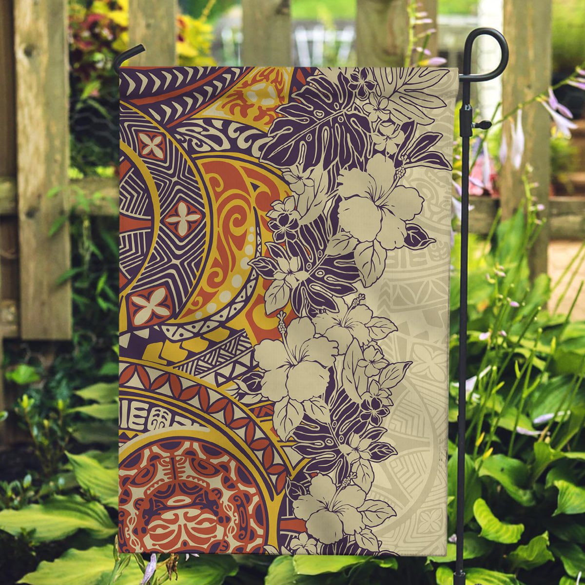 Polynesia Garden Flag Hibiscus and Hawaiian Tribal Tattoo Retro Style Tan Color - Wonder Print Shop