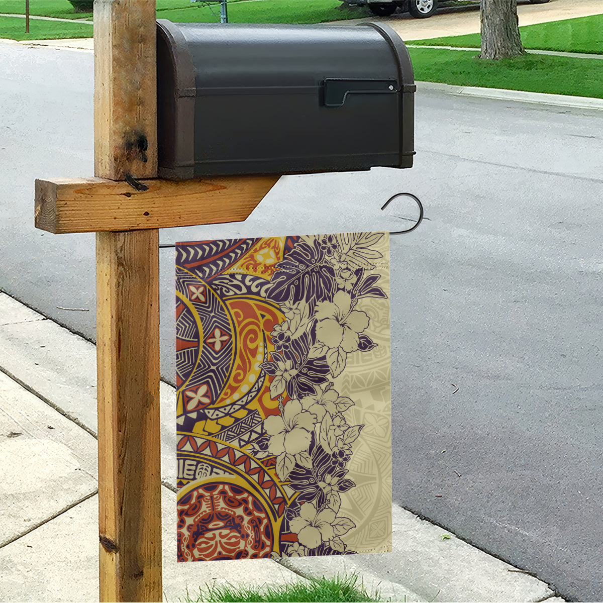 Polynesia Garden Flag Hibiscus and Hawaiian Tribal Tattoo Retro Style Tan Color - Wonder Print Shop