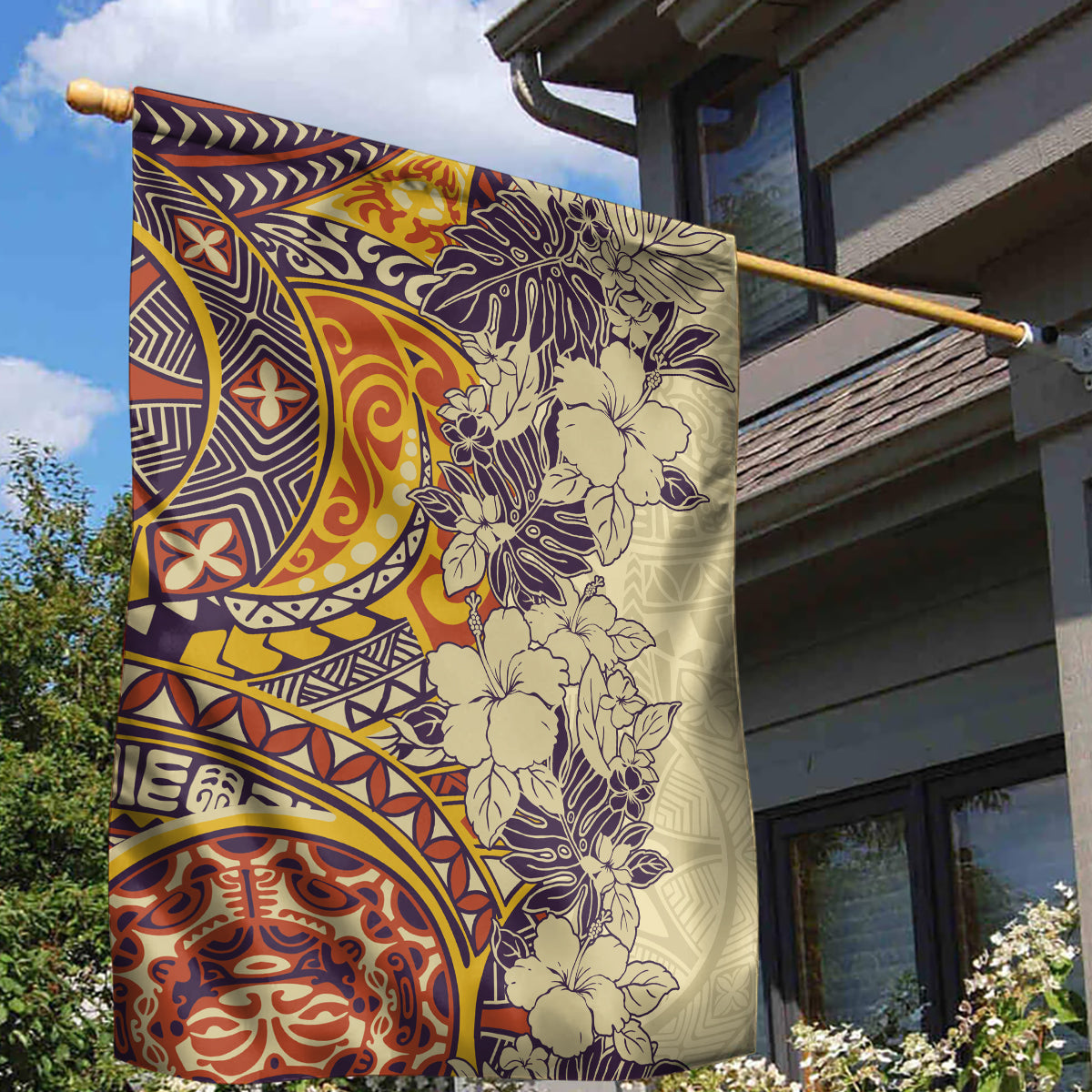 Polynesia Garden Flag Hibiscus and Hawaiian Tribal Tattoo Retro Style Tan Color - Wonder Print Shop