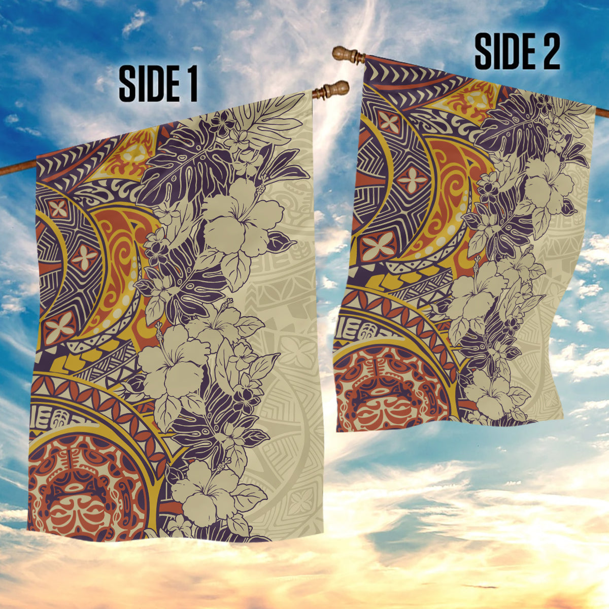 Polynesia Garden Flag Hibiscus and Hawaiian Tribal Tattoo Retro Style Tan Color - Wonder Print Shop