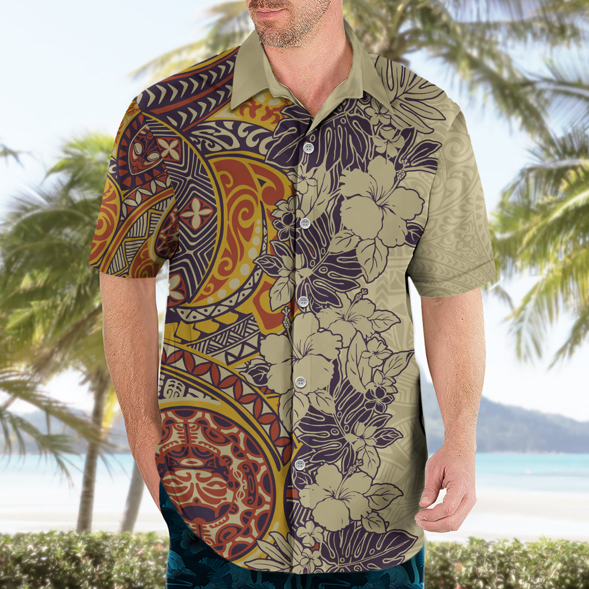 Polynesia Hawaiian Shirt Hibiscus and Hawaiian Tribal Tattoo Retro Style Tan Color - Wonder Print Shop
