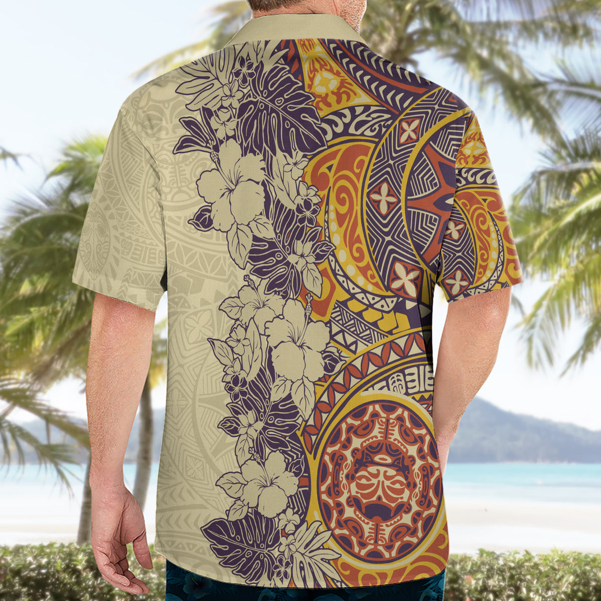 Polynesia Hawaiian Shirt Hibiscus and Hawaiian Tribal Tattoo Retro Style Tan Color - Wonder Print Shop