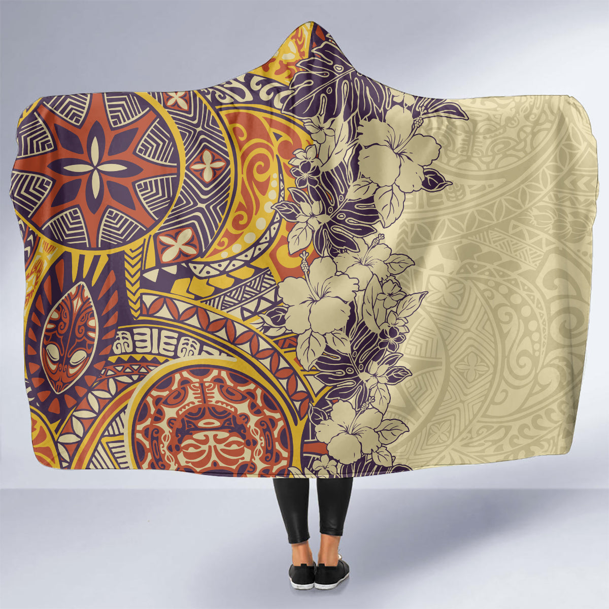 polynesia-hooded-blanket-hibiscus-and-hawaiian-tribal-tattoo-retro-style-tan-color