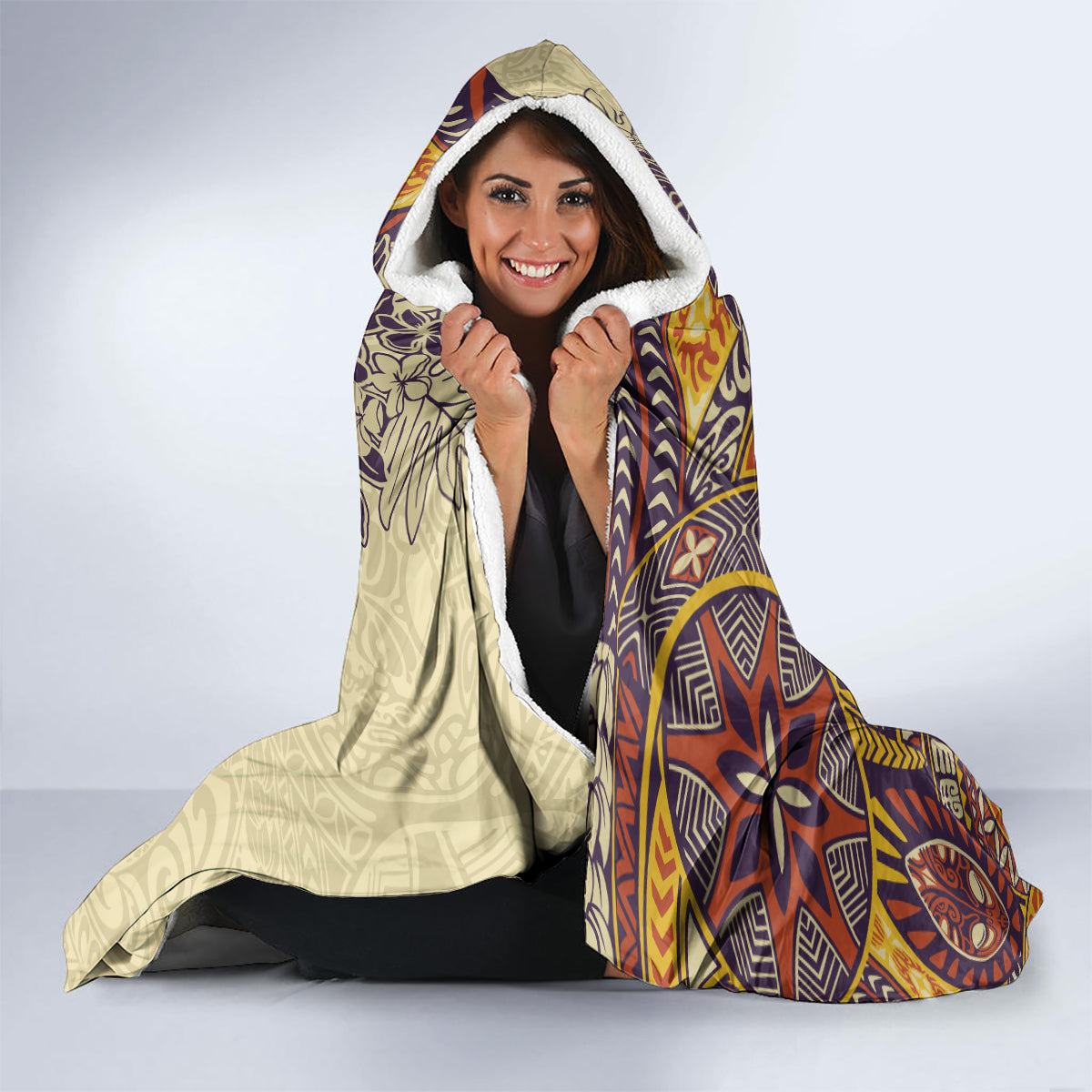 polynesia-hooded-blanket-hibiscus-and-hawaiian-tribal-tattoo-retro-style-tan-color