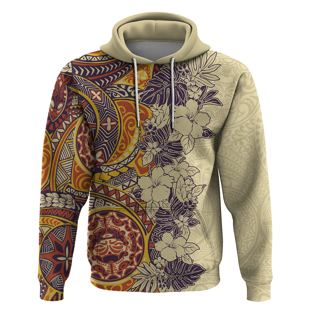 Polynesia Hoodie Hibiscus and Hawaiian Tribal Tattoo Retro Style Tan Color - Wonder Print Shop