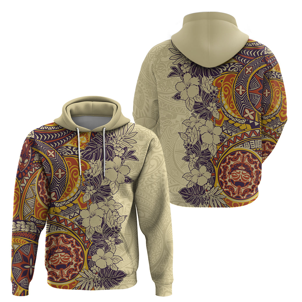 Polynesia Hoodie Hibiscus and Hawaiian Tribal Tattoo Retro Style Tan Color - Wonder Print Shop