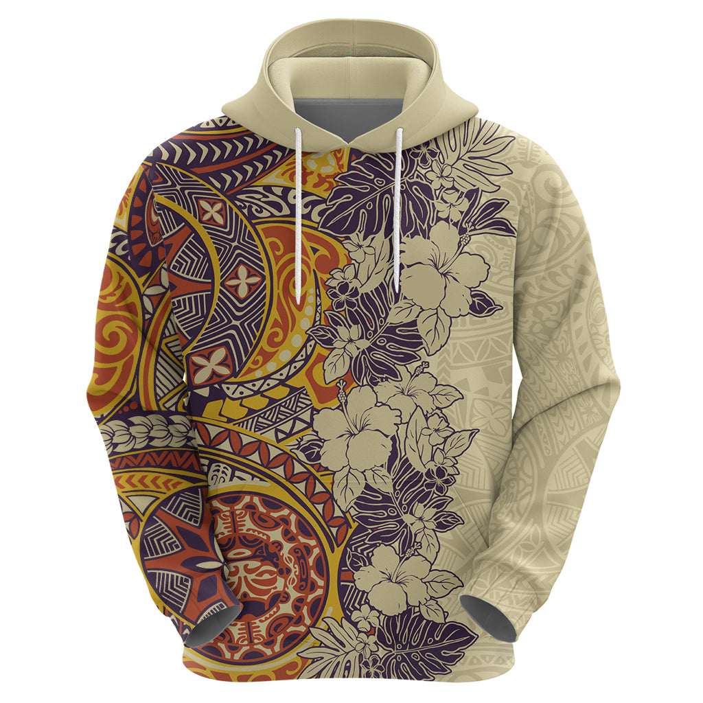Polynesia Hoodie Hibiscus and Hawaiian Tribal Tattoo Retro Style Tan Color - Wonder Print Shop