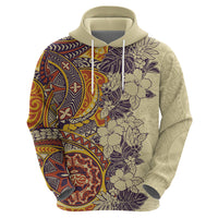 Polynesia Hoodie Hibiscus and Hawaiian Tribal Tattoo Retro Style Tan Color - Wonder Print Shop